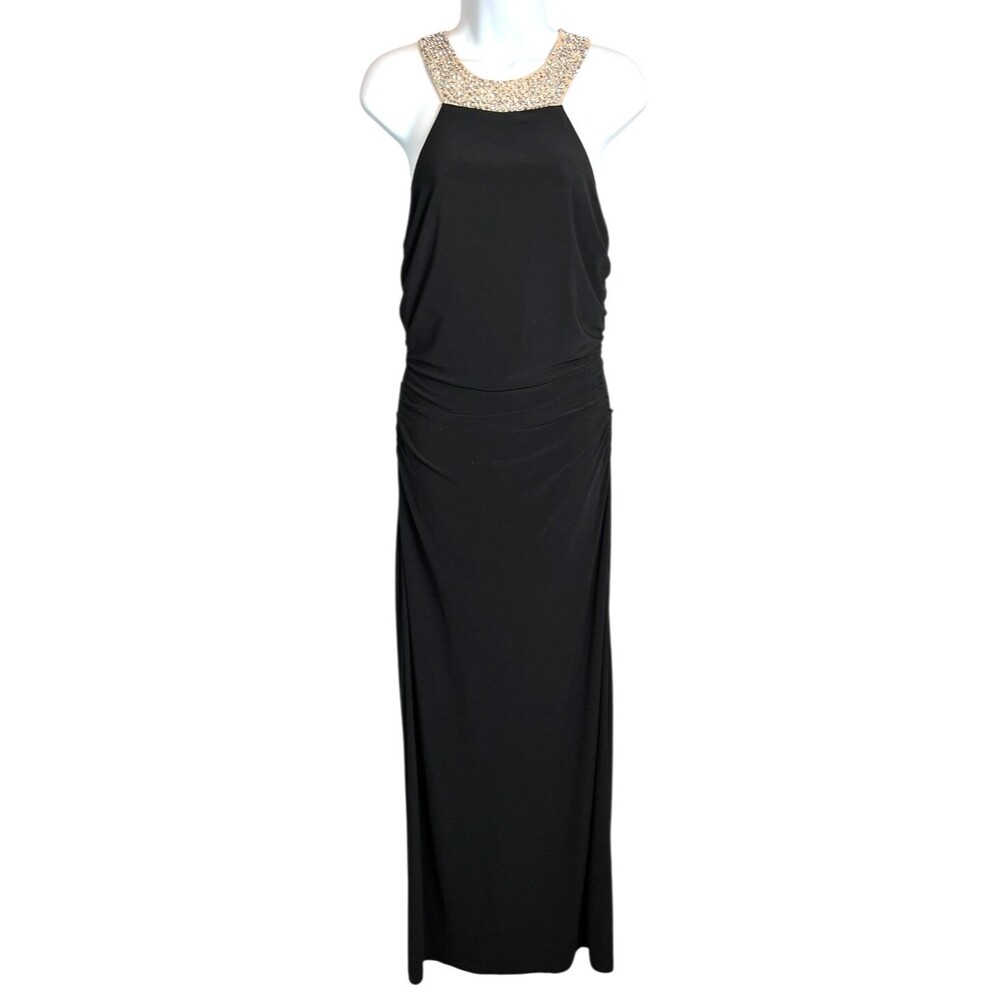 Vintage Cachet Black & Gold Ruched Halter Maxi Dress Evening Gown  Size 8
